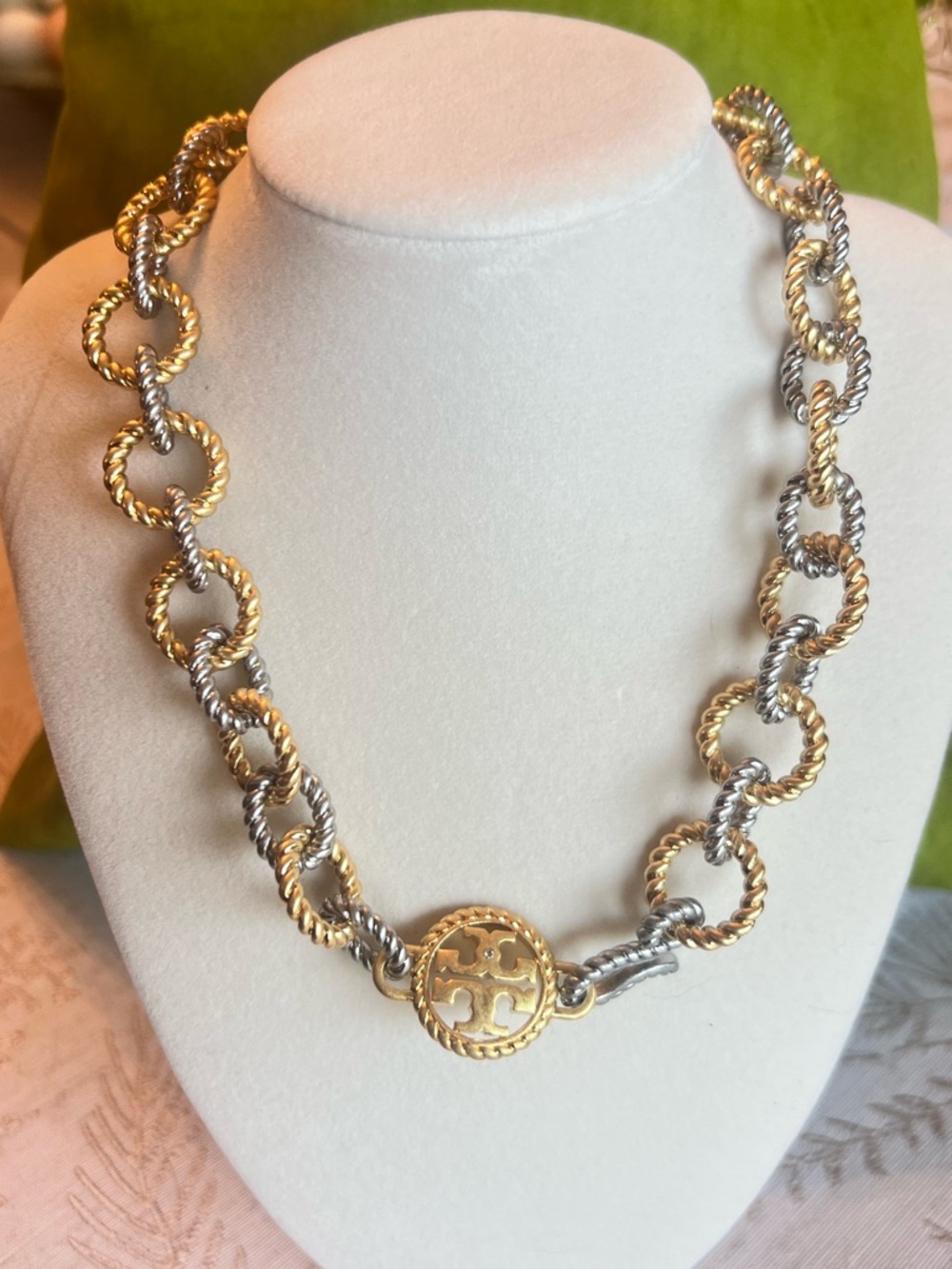 Tory Burch Twisted Link Necklace in Gold and Silver Tones